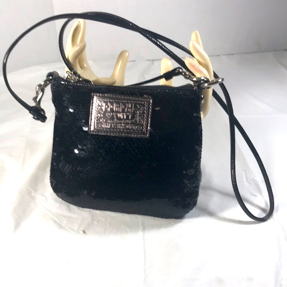 Coach Poppy Black Sequin Crossbody Small Mini Purse Shoulder Bag Leather Strap